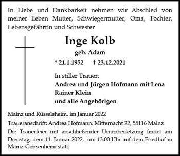 Traueranzeige von Inge Kolb von vrm-trauer Rüsselsheimer Echo / MainSpitze