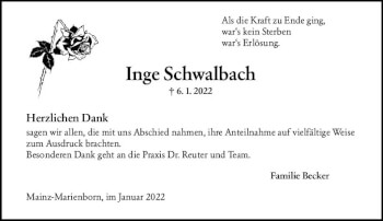 Traueranzeige von Inge Schwalbach von vrm-trauer AZ Mainz