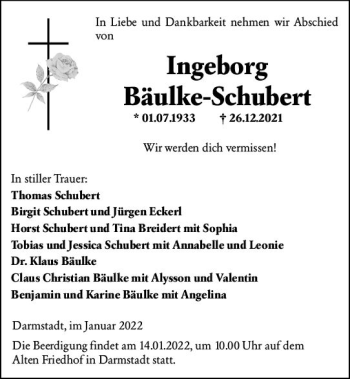 Traueranzeige von Ingeborg Bäulke-Schubert von vrm-trauer Darmstädter Echo