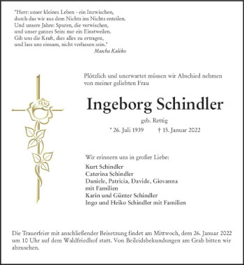 Traueranzeige von Ingeborg Schindier von vrm-trauer Darmstädter Echo