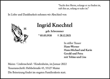 Traueranzeige von Ingrid Knechtel von vrm-trauer AZ Mainz