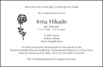 Traueranzeige von Irma Hikade von vrm-trauer Wiesbadener Kurier