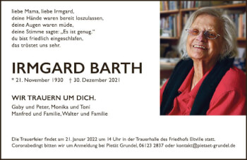 Traueranzeige von Irmgard Barth von vrm-trauer Wiesbadener Kurier