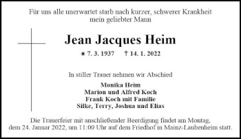 Traueranzeige von Jean Jacques Heim von vrm-trauer AZ Mainz
