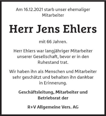 Traueranzeige von Jens Ehlers von vrm-trauer Wiesbadener Kurier