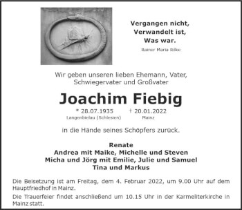 Traueranzeige von Joachim Fiebig von vrm-trauer Allgemeine  Zeitung Ingelheim-Bingen