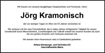Traueranzeige von Jörg Kramonisch von vrm-trauer Bürstädter/Lamperth. Ztg/Starkenburger