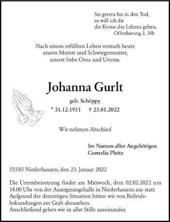 Traueranzeige von Johanna Gurlt von vrm-trauer Allg. Zeitung Bad Kreuznach