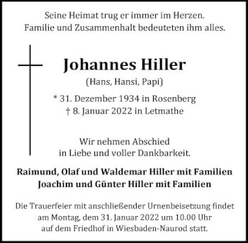 Traueranzeige von Johannes Hiller von vrm-trauer Wiesbadener Kurier