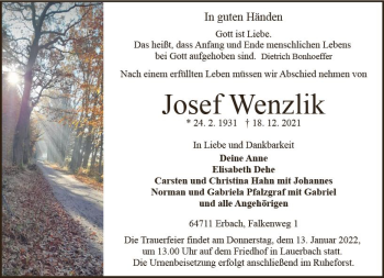Traueranzeige von Josef Wenzlik von vrm-trauer Odenwälder Echo