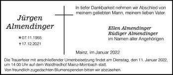 Traueranzeige von Jürgen Almendinger von vrm-trauer AZ Mainz