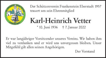 Traueranzeige von Karl-Heinrich Vetter von vrm-trauer Darmstädter Echo