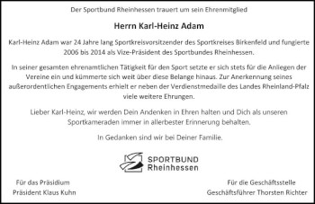 Traueranzeige von Karl-Heinz Adam von vrm-trauer Allg. Zeitung Bad Kreuznach