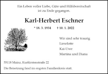 Traueranzeige von Karl-Herbert Eschner von vrm-trauer AZ Mainz