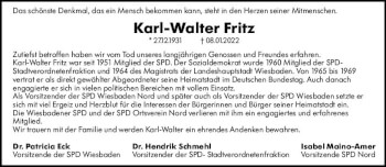 Traueranzeige von Karl-Walter Fritz von vrm-trauer Wiesbadener Kurier