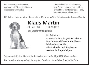 Traueranzeige von Klaus Martin von vrm-trauer Idsteiner Zeitung