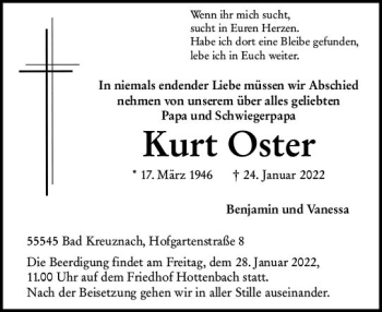 Traueranzeige von Kurt Oster von vrm-trauer Allg. Zeitung Bad Kreuznach