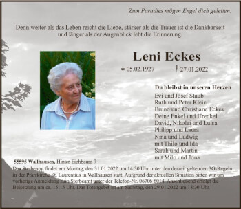 Traueranzeige von Leni Eckes von vrm-trauer Allg. Zeitung Bad Kreuznach