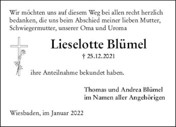 Traueranzeige von Lieselotte Blümel von vrm-trauer Wiesbadener Kurier