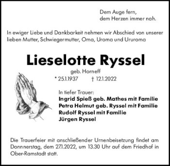 Traueranzeige von Lieselotte Ryssel von vrm-trauer Darmstädter Echo