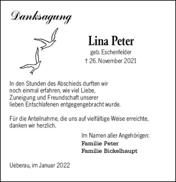 Traueranzeige von Lina Peter von vrm-trauer Darmstädter Echo