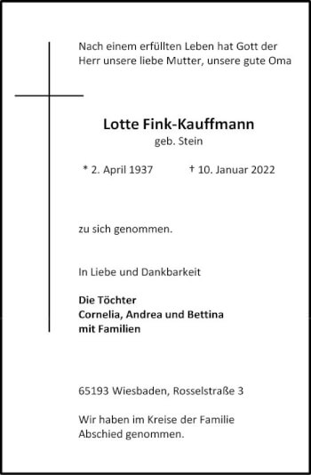 Traueranzeige von Lotte Fink-Kauffmann von vrm-trauer Wiesbadener Kurier