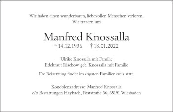 Traueranzeige von Manfred Knossalla von vrm-trauer Wiesbadener Kurier