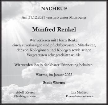 Traueranzeige von Manfred Renkel von vrm-trauer Wormser Zeitung