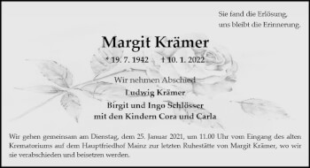 Traueranzeige von Margit Krämer von vrm-trauer AZ Mainz