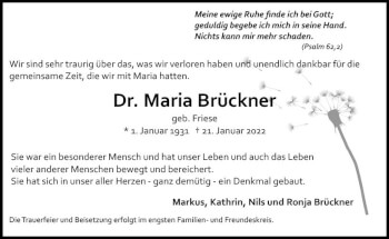 Traueranzeige von Maria Brückner von vrm-trauer AZ Mainz
