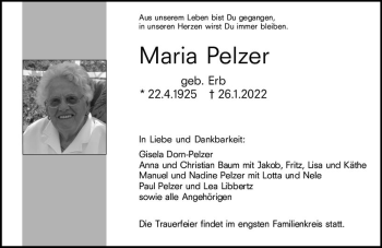 Traueranzeige von Maria Pelzer von vrm-trauer Hochheimer Zeitung