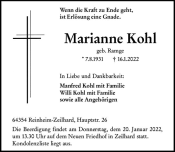 Traueranzeige von Marianne Kohl von vrm-trauer Darmstädter Echo