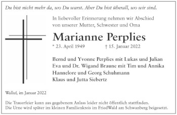 Traueranzeige von Marianne Perplies von vrm-trauer Wiesbadener Kurier