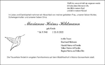 Traueranzeige von Marianne Heims-Hildmann Krede von vrm-trauer AZ Mainz
