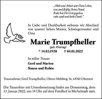 Traueranzeige von Marie Trumpfheller von vrm-trauer Odenwälder Echo