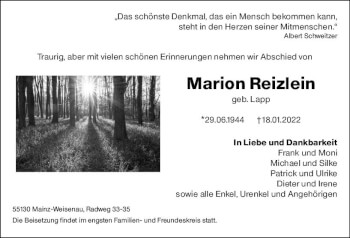Traueranzeige von Marion Reizlein von vrm-trauer AZ Mainz
