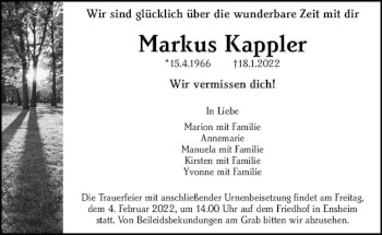 Traueranzeige von Markus Kappler von vrm-trauer Allgemeine Zeitung Alzey