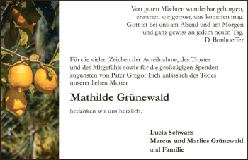 Traueranzeige von Mathilde Grünewald von vrm-trauer Allgemeine  Zeitung Ingelheim-Bingen