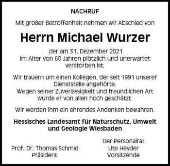 Traueranzeige von Michael Wurzer von vrm-trauer Wiesbadener Kurier