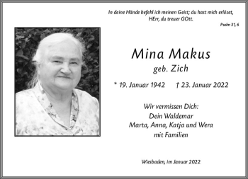 Traueranzeige von Mina Makus von vrm-trauer Wiesbadener Kurier
