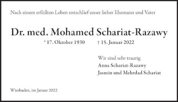 Traueranzeige von Mohamed Schariat-Razawy von vrm-trauer AZ Mainz