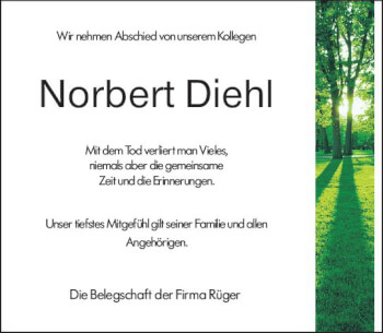Traueranzeige von Norbert Diehl von vrm-trauer Rüsselsheimer Echo / MainSpitze