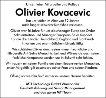 Traueranzeige von Olivier Kovacevic von vrm-trauer Wiesbadener Kurier