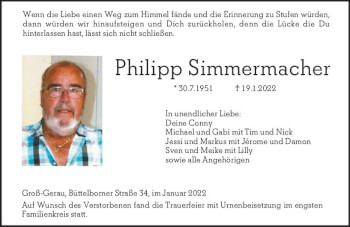 Traueranzeige von Philipp Simmermacher von vrm-trauer Groß-Gerauer Echo