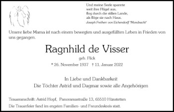 Traueranzeige von Ragnhild de Visser von vrm-trauer Wiesbadener Kurier