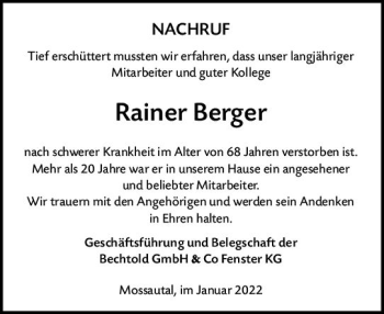 Traueranzeige von Rainer Berger von vrm-trauer Odenwälder Echo