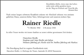 Traueranzeige von Rainer Riedle von vrm-trauer Wiesbadener Kurier