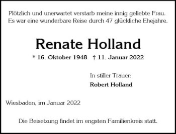Traueranzeige von Renate Holland von vrm-trauer Wiesbadener Kurier