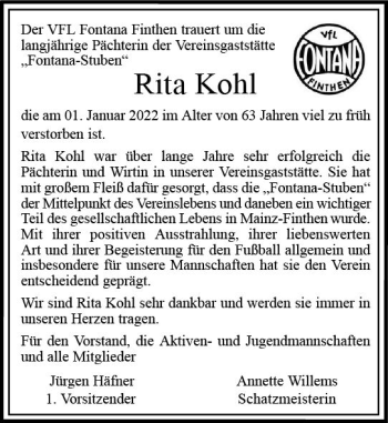 Traueranzeige von Rita Kohl von vrm-trauer AZ Mainz