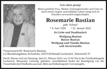 Traueranzeige von Rosemarie Bastian von vrm-trauer Wiesbadener Kurier